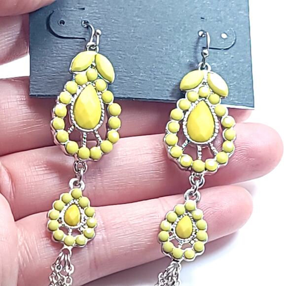 Yellow and Silver Tone Dangle Earrings, Vintage Style with Chain Detail - Picture 1 of 10